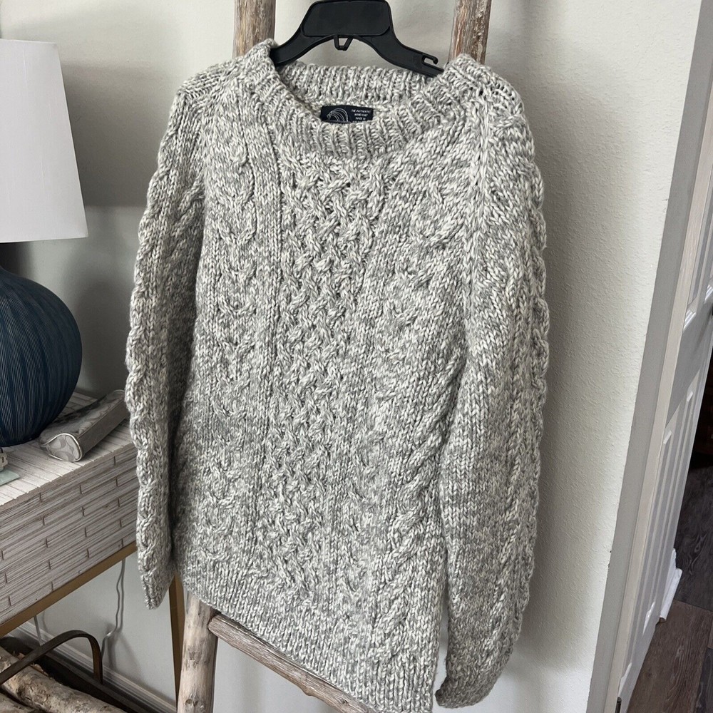 VTG Artesanias 100% Wool Cable Knit Fisherman Sweater Hand Knit Unisex  Grey LG